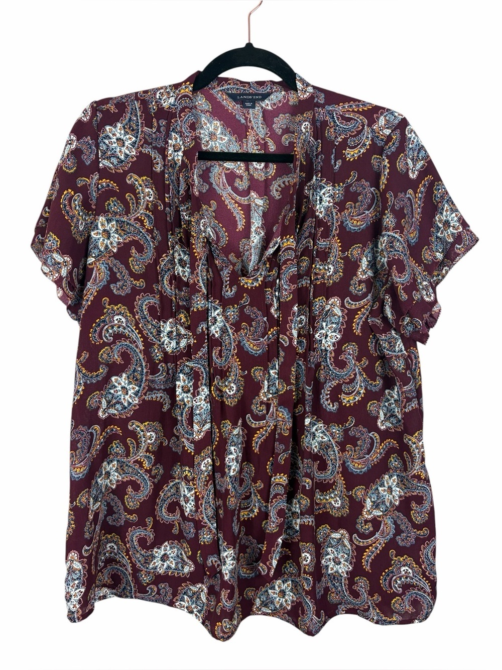 Lands’ End Paisley Print Blouse Women’s Burgundy Short Sleeve Tie Neck Top Large